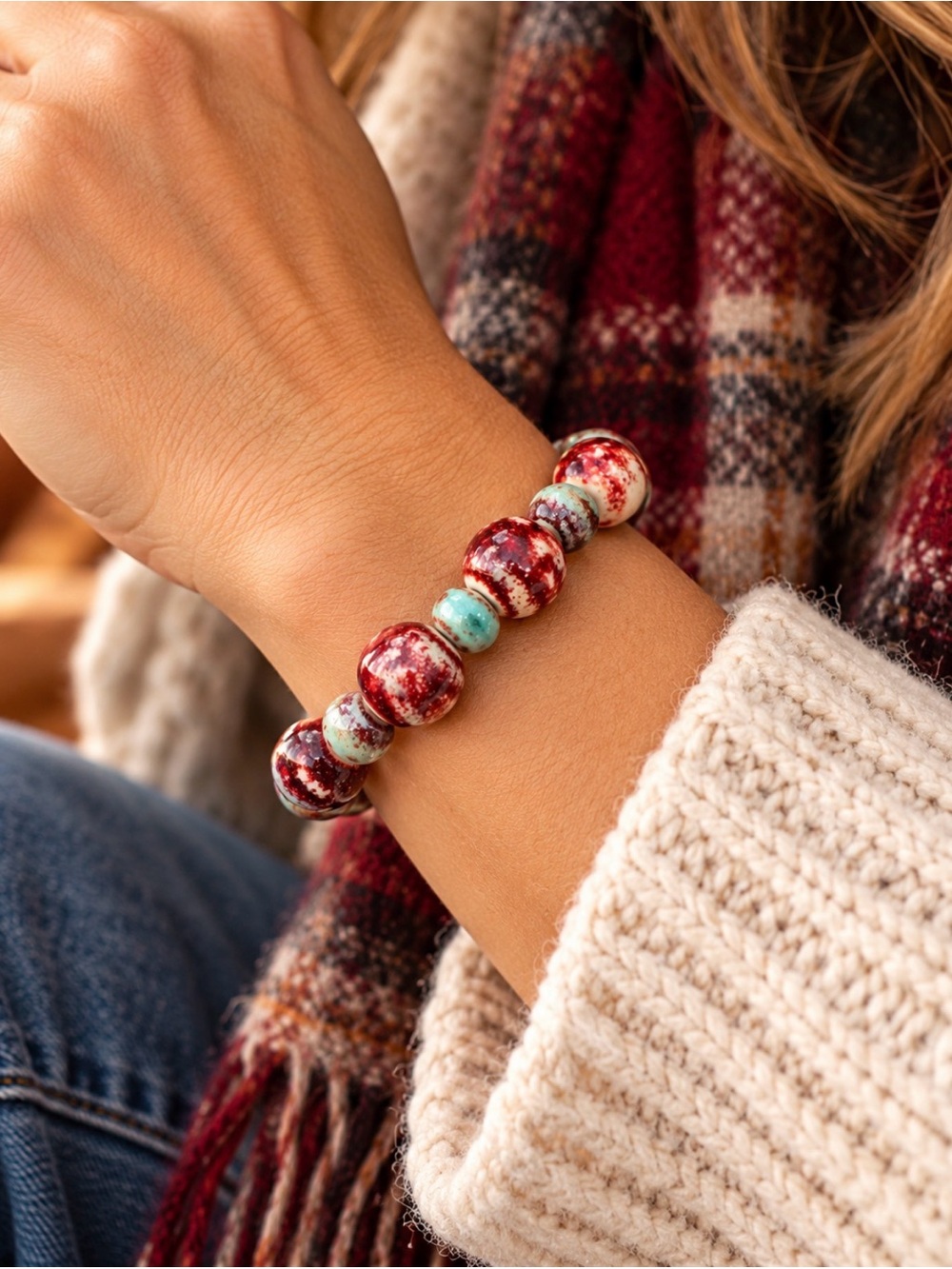 Artisan Ceramic Bead Bracelet Magnetic Clasp Rusty Red Speckled